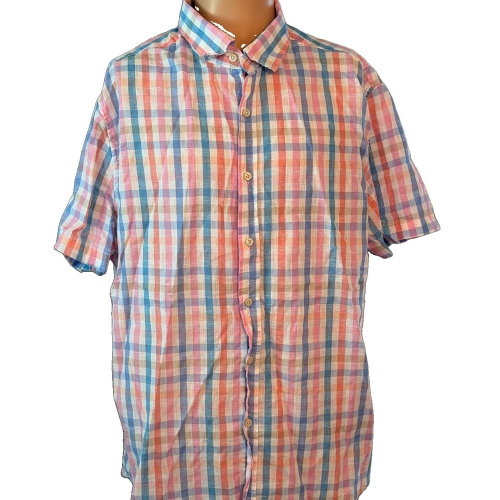 Crown & Ivy Men's Large Pink Blue & White Button Up Short Sleeve Shirt